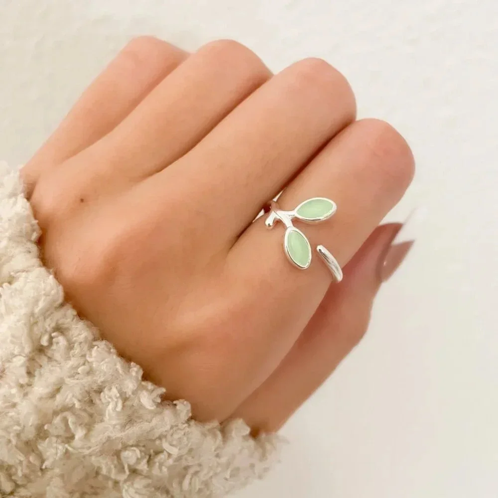 925 Sterling Silver Dainty Leaf Ring Twig Ring Branch Ring Green Stone Ring